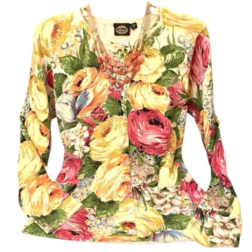 “Lacquer” silk blend button front floral print sweater- M